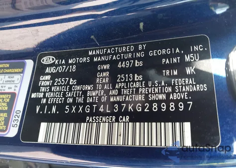 2019 Kia Optima S from USA, damaged, VIN 5XXGT4L37KG289897